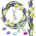 Wreath with spring flowers and objects for Happy Easter decoration. Hand drawn sketch for template, greeting card or invitation. Royalty Free Stock Photo