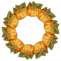 A wreath of a symmetrically arranged set of orange-colored pumpkins and bunches of green leaves,