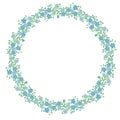 Wreath of tiny stylized blue flowers forget-me-nots on white background