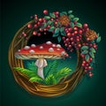 Wreath of vines and leaves with amanita mushroom