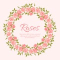 Wreath of vintage English roses. Delicate pink flower buds with leaves, realistic style. For weddings, stickers, posters