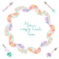 Wreath of watercolor abstract feathers and romantic arrows