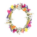 Wreath of watercolor bright meadow flowers