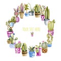 Wreath from watercolor cactuses in a pots