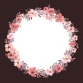 A wreath of watercolor flowers with an empty space for text inside and a dark brown background outside