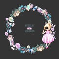 Wreath of watercolor Girl-photographer, retro cameras and floral elements