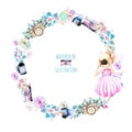 Wreath of watercolor Girl-photographer, retro cameras and floral elements