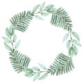 Wreath With Watercolor Green Fern and Leaves