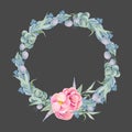 Wreath of watercolor green leaves, berries and branches, decorated pink briar flowers and peony Royalty Free Stock Photo