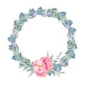 Wreath of watercolor green leaves, berries and branches, decorated pink briar flowers and peony Royalty Free Stock Photo