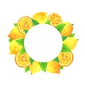 Wreath of watercolor ripe lemons. Fresh garden fruits whole, half, slice. Round frame of tropical citrus and leaves. Hand drawn Royalty Free Stock Photo