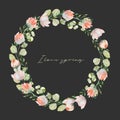 Wreath of watercolor spring plants: pink tender wildflowers, greenery and eucalyptus branches Royalty Free Stock Photo