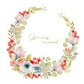 Wreath of watercolor spring plants: tender pink and red wildflowers, greenery and eucalyptus branches