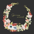 Wreath of watercolor spring plants: tender pink and red wildflowers, greenery and eucalyptus branches