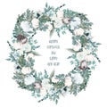 Wreath of watercolor winter flowers, fir cones, spruce and eucalyptus branches Royalty Free Stock Photo