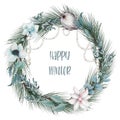 Wreath of watercolor winter flowers, poinsettia, pine and eucalyptus branches, pearl garlands Royalty Free Stock Photo