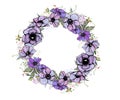 Wreath with wild lilac anemones. Objects isolated on white