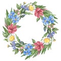 Wreath of wild summer flowers, leaves and herbs