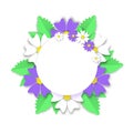 Wreath wildflowers summer on white surface paper cut banner. Bright daisies with purple cornflowers and green leaves