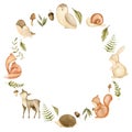 Wreath with woodland Animals. Hand drawn illustration of circular woodland Frame with fox, deer and leaves on isolated Royalty Free Stock Photo