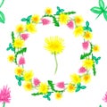 Wreath of Yellow dandelion and clover flowers, hand drawn - floral frame pattern on white background Royalty Free Stock Photo