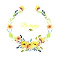 Wreath with yellow roses, blue and green branches, watercolor illustration Royalty Free Stock Photo