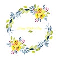 Wreath with yellow roses, blue and green branches, watercolor illustration Royalty Free Stock Photo