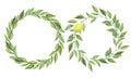 Wreaths of green leaves set. Round frames of greenery for photos, invitations, postcards, logo. Lemon tree branches