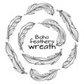 Wreaths of hand drawn feathers with boho pattern