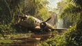 Wreck of crashed airplane in lush jungle, overgrown with vegetation.