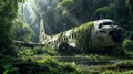 Wreck of crashed airplane in lush jungle, overgrown with vegetation.