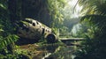 Wreck of crashed airplane in lush jungle, overgrown with vegetation.