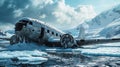 Wreck of crashed airplane in middle of Arctic or high mountains, airplane sitting in snow-covered field near pond of melted snow.