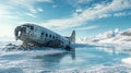 Wreck of crashed airplane in middle of Arctic or high mountains, airplane sitting in snow-covered field near pond of melted snow.