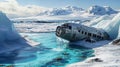 Wreck of crashed airplane in middle of Arctic or high mountains, airplane sitting in snow-covered field near pond of melted snow.