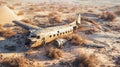 Wreck of crashed airplane in middle of desert, showing signs of rust and decay, sand dunes and barren, desolate atmosphere.