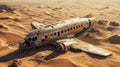 Wreck of crashed airplane in middle of desert, showing signs of rust and decay, sand dunes and barren, desolate atmosphere.