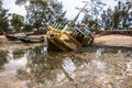 Wreck fishing boat damaged Parked on wetlands