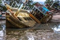 Wreck fishing boat damaged Parked on wetlands