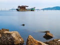 Wreck fishing boat ,sea and mountains Royalty Free Stock Photo