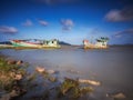 The wreck of a fishing boat was hit by the waves crashing onto the shore