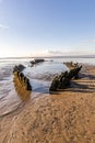 The wreck of the Norwegian ship SS Nornen which ran aground on the beach at Berrow near Burnham-on-Sea, UK in 1897 due