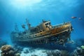 Wreck of an old ship at the bottom of a tropical coral reef, Wreck of a ship in the blue sea, with scuba diving equipment, AI Royalty Free Stock Photo
