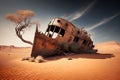 Wreck of an old ship in the desert. 3d render Royalty Free Stock Photo