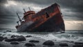 Wreck of an old ship on the sea in the storm Royalty Free Stock Photo