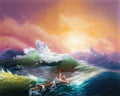 Wreck of sailors at sea, seascape at storm, oil painting