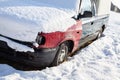 Wreck of Skoda Felicia Pickup car covered in snow in winter Royalty Free Stock Photo