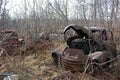 A old truck and other vehicles abandoned in the forest during the winter months