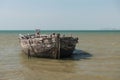 Wreck wooden fishing boat with many white egret on sea