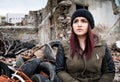 Wreckage Deconstruction Area and Young Woman Royalty Free Stock Photo